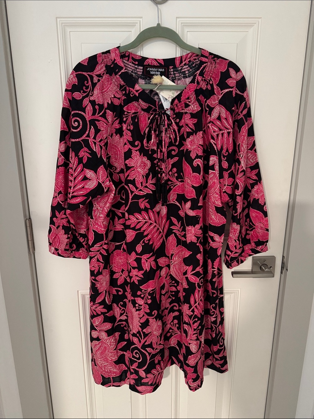 Johnny Was Tassel Alycia Black Dress with Hot Pink Floral Print and Tie Neck NWT